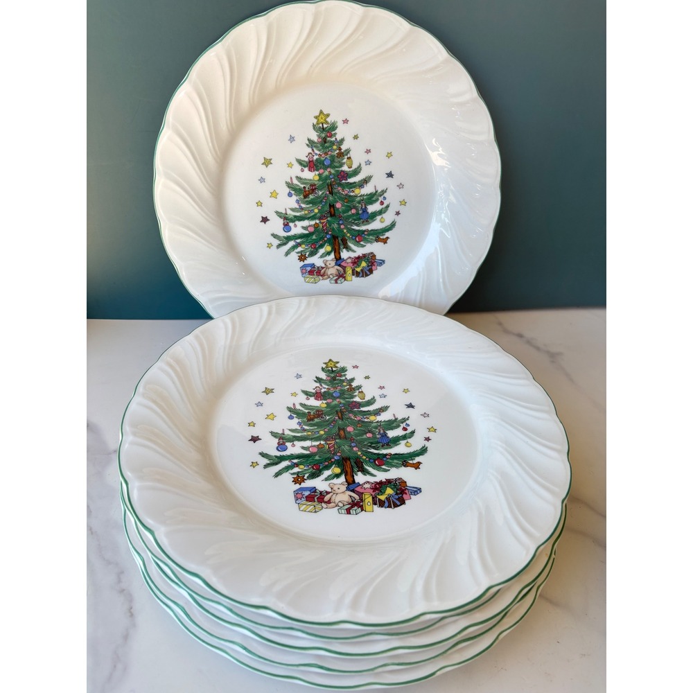 6 Pc Nikko Happy Holidays Christmas Tree Dinner Plates Vintage Japan